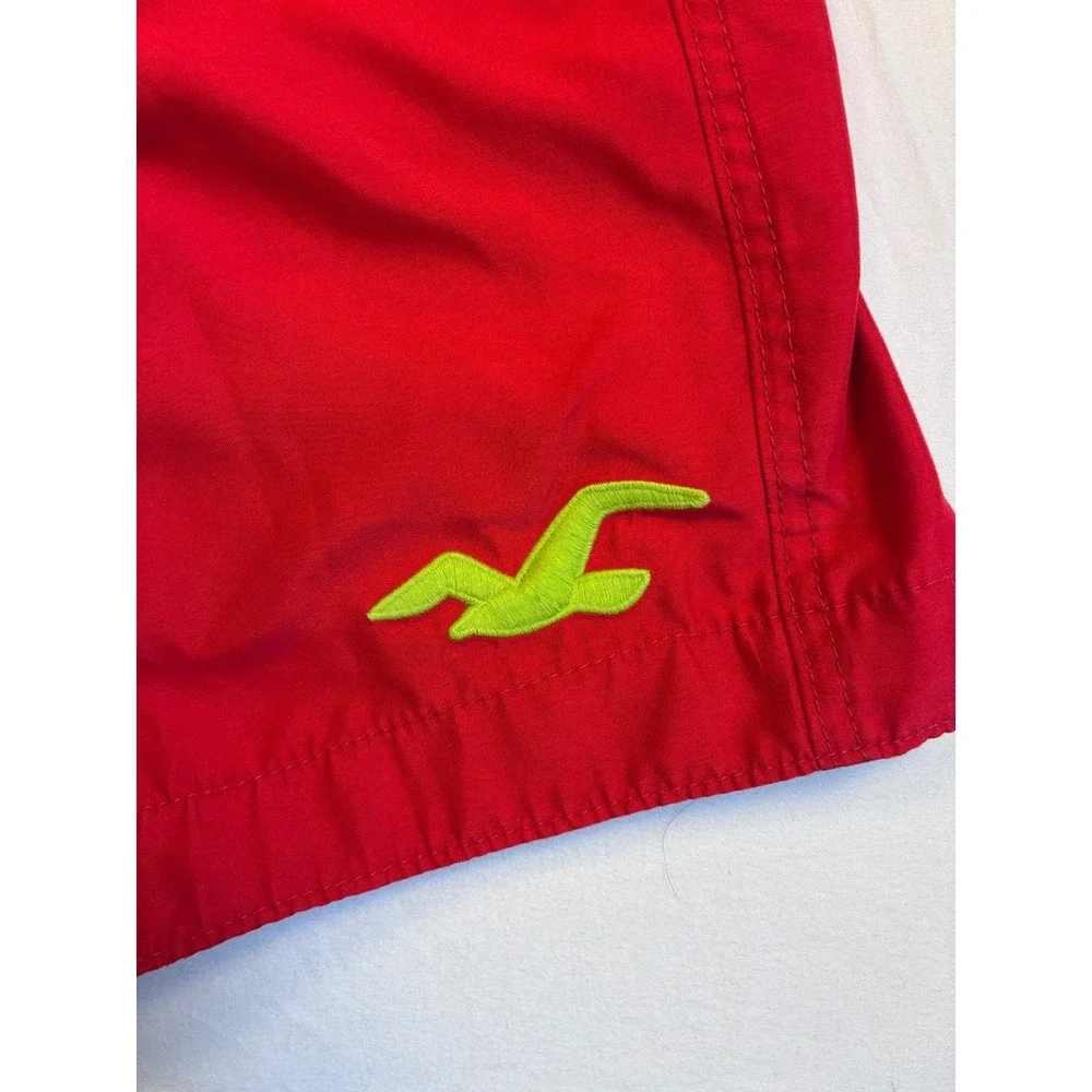 Hollister Men's Red Swim Board Shorts S Neon Green Logo Cargo Pocket Beach